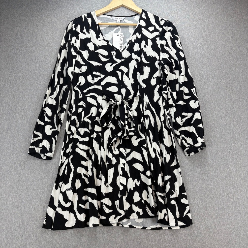 Nine West Dress Womens S Black White Long Sleeve Abstract Print Tie Waist V Neck